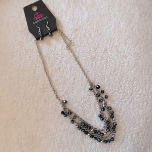 Paparazzi Midnight Silver Beaded Necklace With Earrings Set New